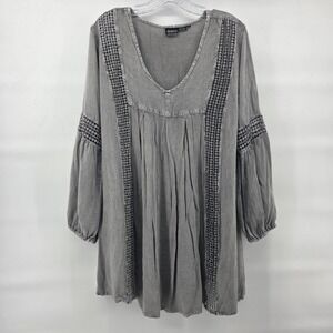 Anandas Collection Tunic Dress Medium Grey Boho‎ Crochet Lattice Balloon Sleeve